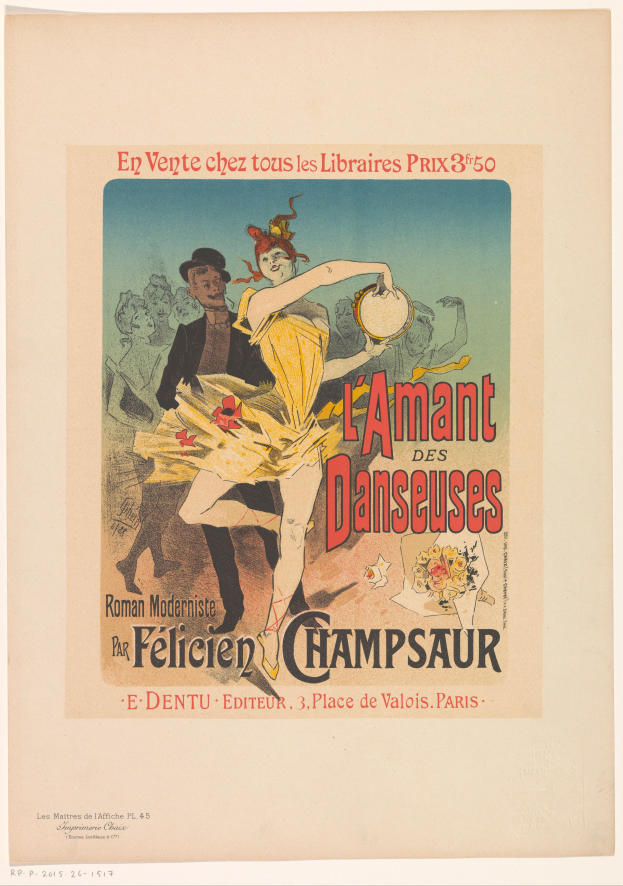 Ein Plakat, das eine Tanzveranstaltung in Paris ankündigt, mit einem Mann und einer Frau, die tanzen, und einem Mann, der ein Musikinstrument hält und Text, der wahrscheinlich das Ereignis beschreibt.