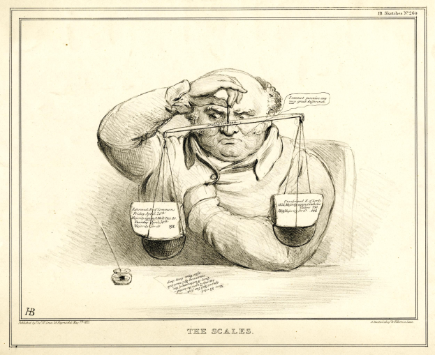 Ein Anwalt im Anzug sitzt an einem Tisch mit einer Waage vor sich und überprüft Dokumente, die mit Text und Zahlen markiert sind, sein Gesichtsausdruck ist entschlossen.