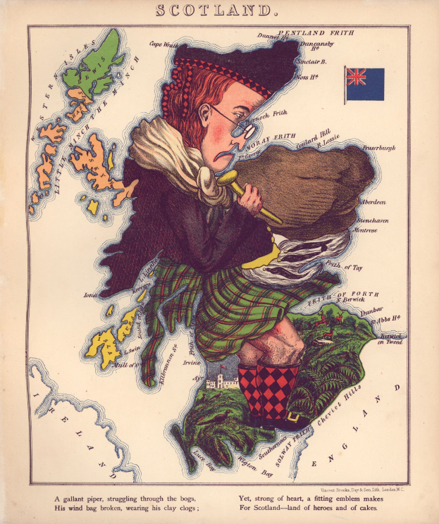 Alte Karte von Schottland mit einem Mann in traditioneller schottischer Kleidung, der Dudelsack spielt, die Karte enthält Text und eine Flagge.