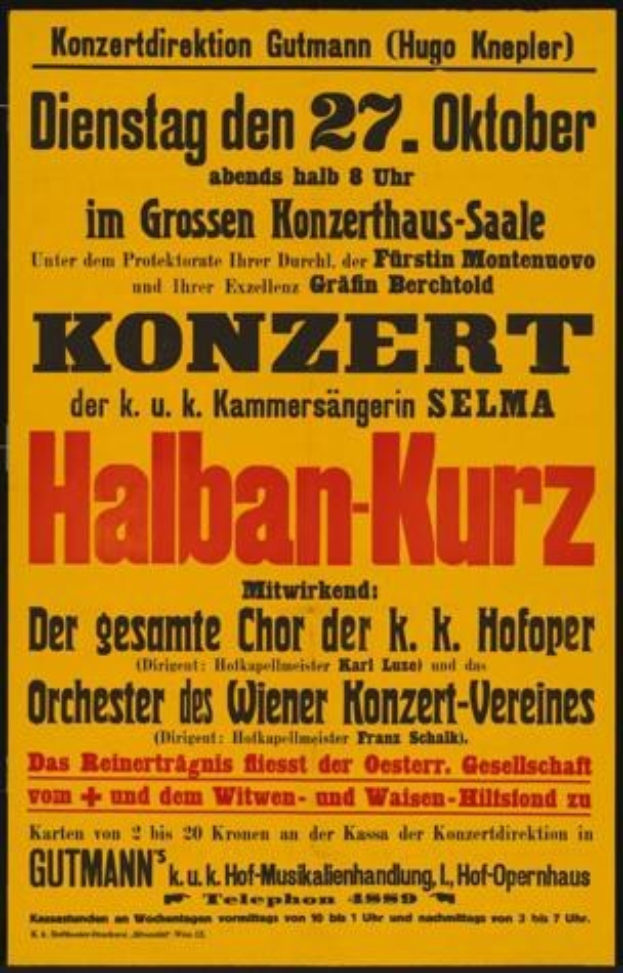 Gelbes Plakat, das ein Konzert mit dem Titel "Konzert Halban-Kurz" in Berlin, Deutschland ankündigt.