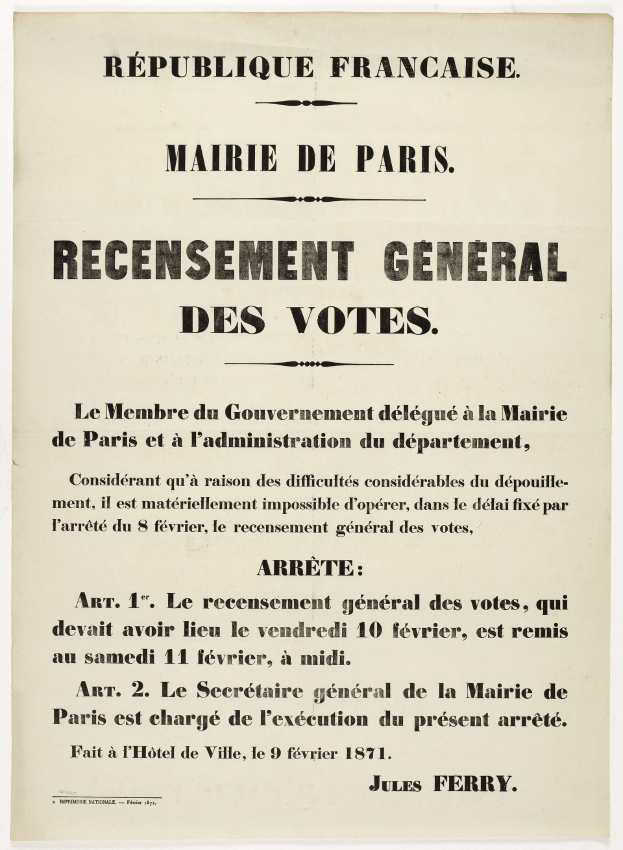 Plakat mit "Recensement Général des Votes"-Text, wahrscheinlich ein französisches Wahlplakat.