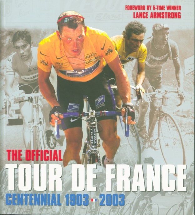 Offizielles Tour-de-France-Jubiläumsplakat (1903–2003) mit einer Gruppe von Radfahrern und Text mit Veranstaltungseinzelheiten.