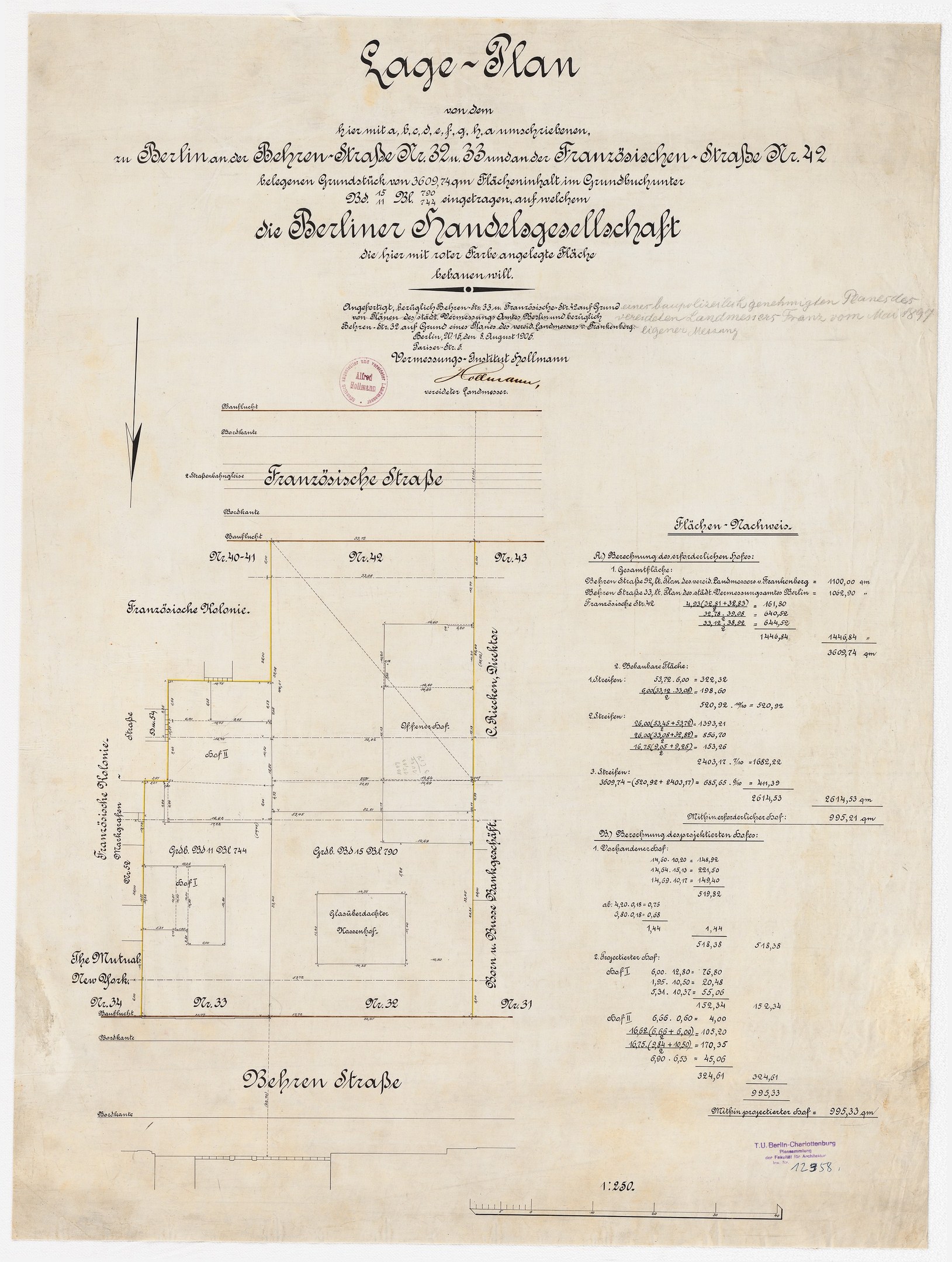 Alter Dokument mit einem Grundriss des Berliner Handelagellachaft-Gebäudes, mit handgeschriebenem Text und einem Stempel auf der linken Seite.