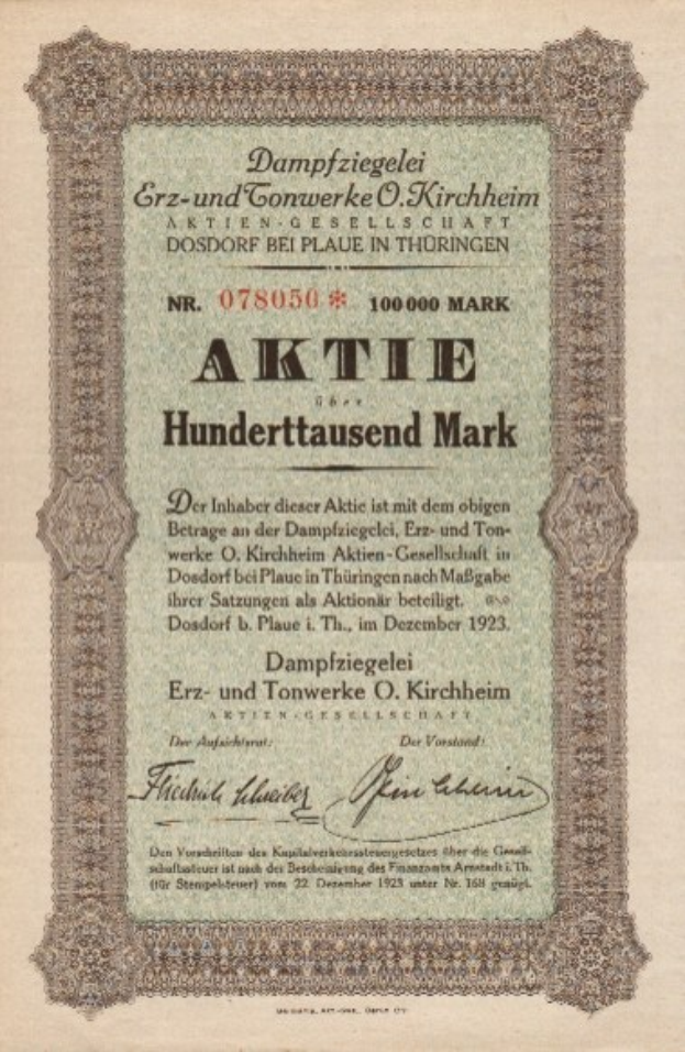Altes deutsches Aktienzertifikat mit einem Männerporträt und gedrucktem Text, das wahrscheinlich den Ursprung der Aktie beschreibt.