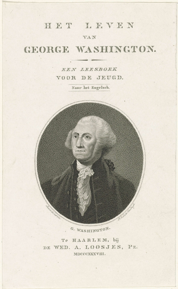 Porträt von George Washington auf Papier mit Text, trägt Anzug und Krawatte, ernsthafter Ausdruck, direkter Blick.