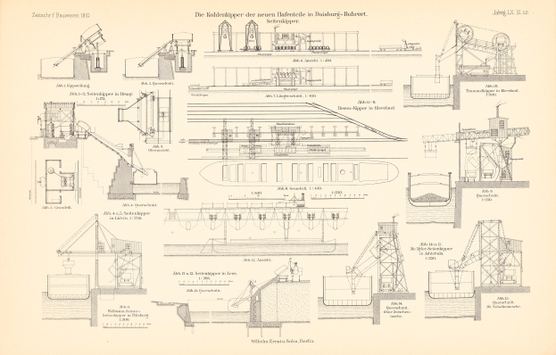 Ein Blatt Papier mit einer Zeichnung von verschiedenen Maschinen, darunter Kräne, und handgeschriebenen Notizen über die Komponenten.