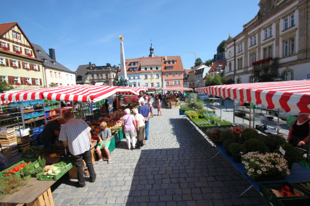 Ein belebter Markt im alten Stadtzentrum von Heidelberg mit Menschen, die spazieren gehen, auf Bänken sitzen und in der Nähe von Zelten stehen, umgeben von Gemüsekörben, Gebäuden, Bäumen und einem klaren blauen Himmel.