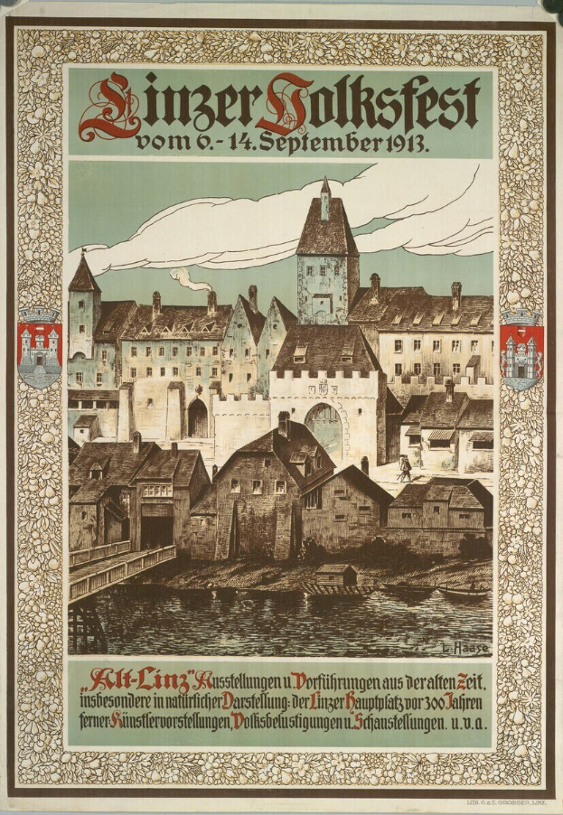 Alter deutscher Festivalplakat mit einer Burillustration umgeben von Häusern und Text.