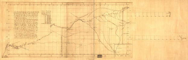 Ein altes Buch mit einer detaillierten Karte, die Straßen, Autobahnen und Textbeschriftungen von Städten, Gemeinden und Sehenswürdigkeiten zeigt.