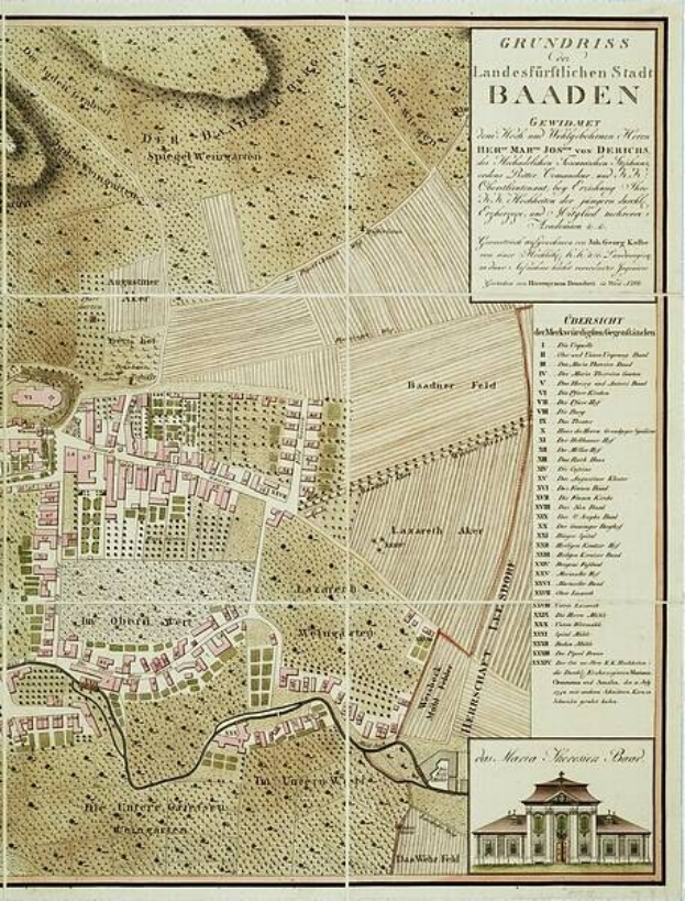 Detailiertes altes Stadtplan von Baden-Württemberg, Deutschland, mit einem Gebäude in der rechten unteren Ecke, das Straßen, Gebäude und andere Merkmale zeigt, begleitet von Text, der Informationen über die Bevölkerung, Sehenswürdigkeiten und Straßen enthält.
