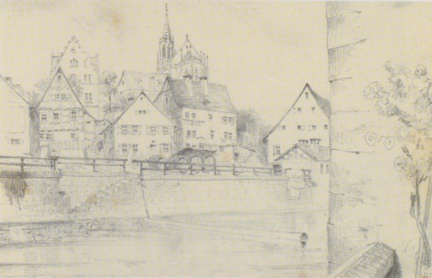 Bleistiftzeichnung betitelt "Nürnberg, Deutschland" von Joseph Mallord William Turner, zeigt eine Stadtansicht mit einem Fluss, Gebäuden, Bäumen und einer Brücke.