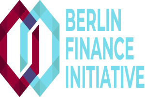 Logo der Berliner Finanzinitiative mit einem blauen Kreis mit weißer Umrandung und einem weißen "B" in der Mitte, umgeben von einem weißen Ring mit blau-weißem Karomuster, auf einem weißen Hintergrund mit fetter schwarzer Schrift, die "Berliner Finanzinitiative" liest.