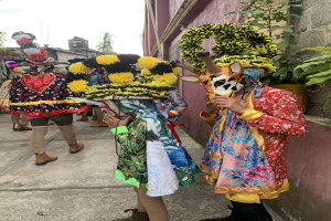 Eine Gruppe von Menschen in bunten Kostümen, die gemeinsam auf der Straße während eines Faschingsumzugs stehen, mit Bäumen, Gebäuden und einem klaren blauen Himmel im Hintergrund.
