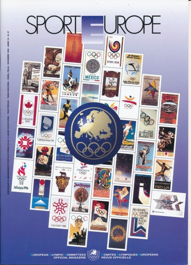 Ein Buchumschlag mit dem Titel "Sport in Europa" mit leuchtenden Farben, detaillierten Designs und olympischen Symbolen aus europäischen Spielen.