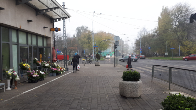 Eine belebte Stadtstraße mit Fußgängern auf dem Gehweg, Fahrzeugen auf der Straße und städtischen Elementen wie Bäumen, Pfosten und Gebäuden unter einem sichtbaren Himmel.