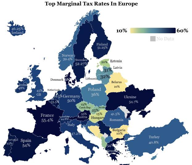 Eine Europakarte, die die Spitzensteuersätze nach Ländern anzeigt, mit der Überschrift "Spitzensteuersätze in Europa".