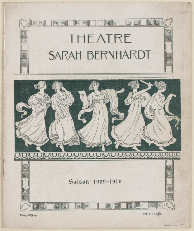 Ein Vintage-Plakat des Théâtre Sarah Bernhardt von 1909-1910, das eine Gruppe von Frauen in der Mitte zeigt.