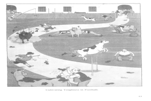 Eine Schwarz-Weiß-Zeichnung einer Gruppe von Menschen und Tieren auf einem Feld mit einer Wand und Fenstern im Hintergrund und einem Text unten, der "Robustheit im Fußball fördern" lautet.