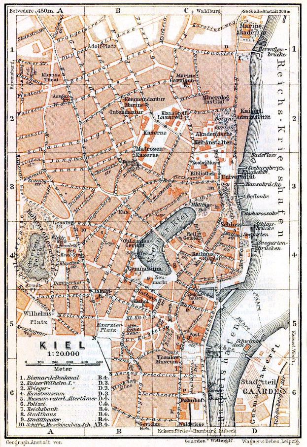 Ein detaillierter alter Stadtplan von Kiel, Deutschland, der Straßen, Gebäude und Sehenswürdigkeiten zeigt, mit Text oben und unten auf dem Papier.