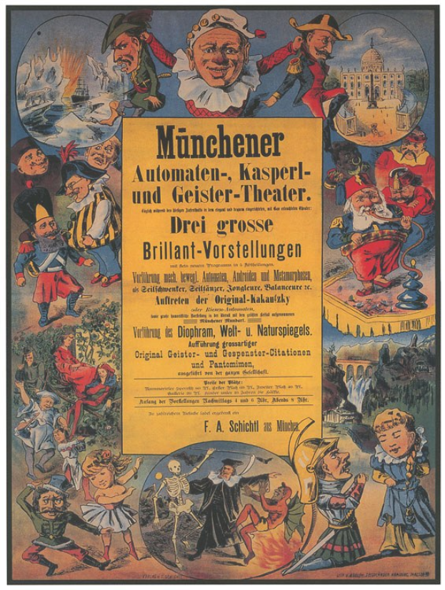 Ein nostalgisches deutsches Filmplakat für "Münchener Automaten-Kasperl- und Geister-Theater", das kostümierte Schauspieler in einer lebhaften Szene zeigt, umgeben von Text.