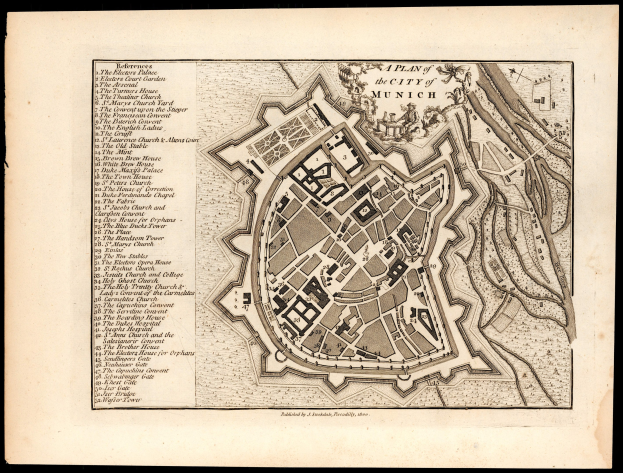 Ein detaillierter alter Stadtplan von München, Deutschland, auf schwarzem Hintergrund, der Straßen, Gebäude und Sehenswürdigkeiten zeigt, mit Text für zusätzliche Informationen.