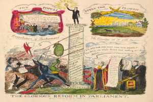 Ein buntes Papier mit fetter Schrift und Bildern von verschiedenen, l├Ąchelnden Menschen, das eine Parlamentsreform mit Hoffnung und Optimismus darstellt.