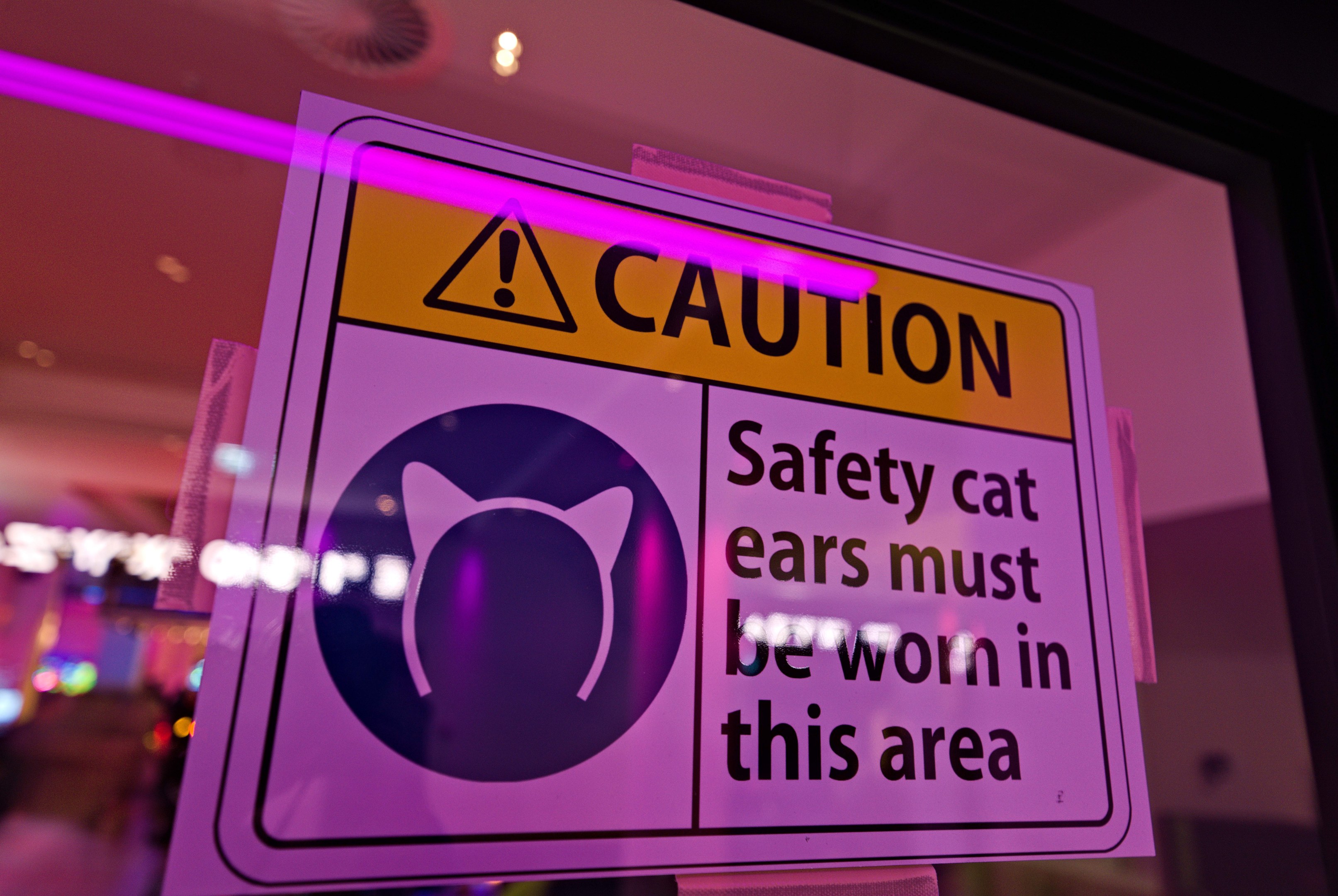 Eine Warnschild in einem Ladenschaufenster trägt die Aufschrift "Vorsicht: Sicherheits-Katzenohren müssen in diesem Bereich getragen werden." vor einem unscharfen Hintergrund.