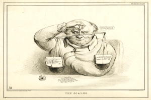 Ein Mann in einem Anzug sitzt an einem Tisch mit einer Waage, entschlossen, mit einem Blatt Papier vor sich.