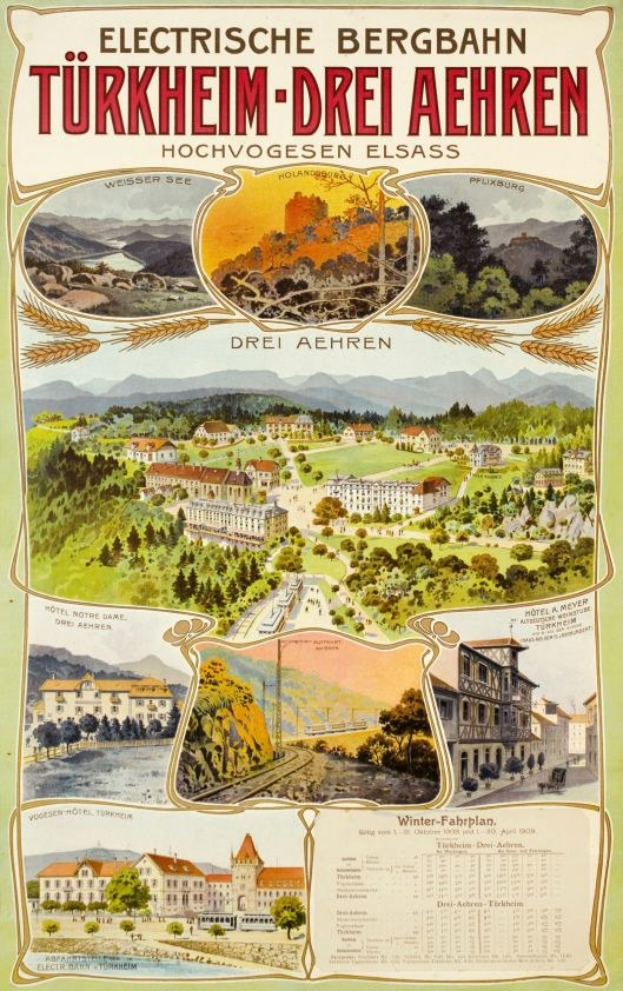 Plakat f"{u}r die Elektrostadt Bergbahn, Deutschland mit Bildern von Geb"{a}uden, B"{a}umen, H"{u}geln und beschreibendem Text.