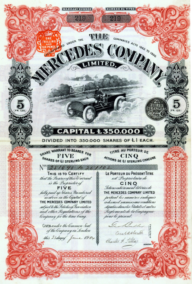 Ein hellblaues Papier mit der Schrift 'Mercedes-Benz Company Limited Aktienzertifikat' in fetter Schrift und einem Bild eines klassisch aussehenden Wagens mit glänzender Lackierung.