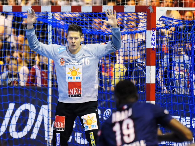 Handballspieler vor einem Tor mit erhobenen Händen, umgeben von Zuschauern bei der Futsal-Weltmeisterschaft 2019, mit einem Banner und Netz im Hintergrund.