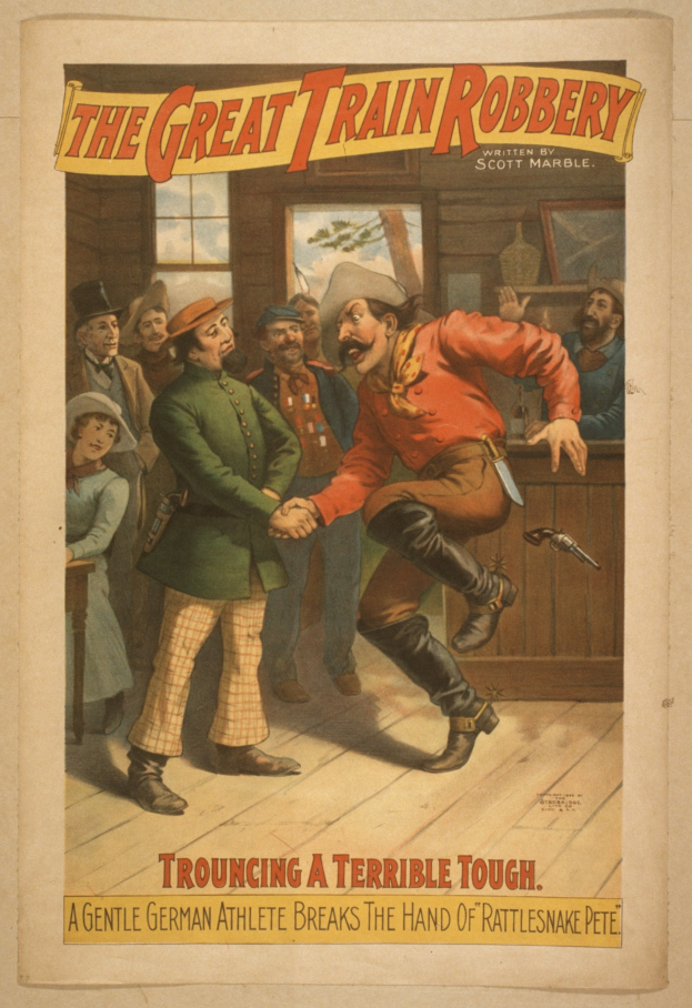 Plakat für "The Great Train Robbery" zeigt eine Gruppe von Menschen, einer hält eine Waffe, ein Fenster, eine Wand und Text oben und unten.