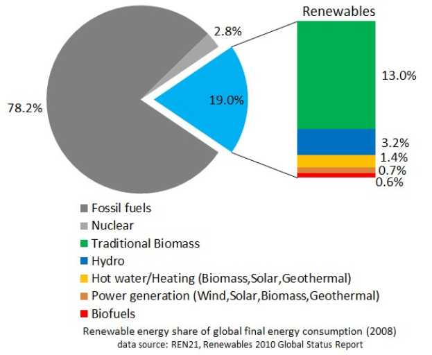 Ein Kreisdiagramm, das den globalen erneuerbaren Energieverbrauch im Jahr 2008 zeigt, unterteilt in Abschnitte für fossile Brennstoffe, Kernenergie, Hydro, Heißwasserheizung, Biomasse, Solarenergie, Geothermie und Biokraftstoffe.