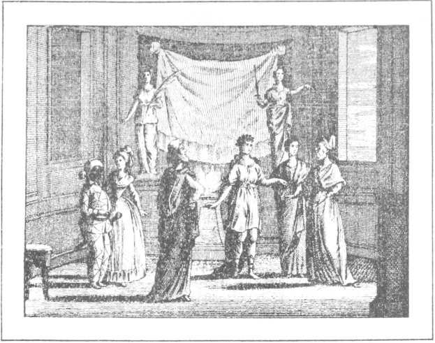 Schwarze und weiße Zeichnung von Menschen, die vor einer Bühne mit einem Vorhang an der Wand und Fenstern dahinter stehen, mit der Beschriftung "Theatre of the Opera" unten.