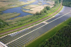 Luftbild einer Solar-Farm mit Solar-Panelen, umgeben von Bäumen, Gras, Pflanzen und Wasser, mit einem Zug auf einer Bahnstrecke.