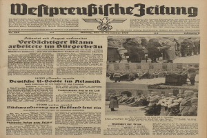 Schwarze und weiße Titelseite einer deutschen Zeitung vom 13. November 1939, betitelt "Weitpreubliche Zeitung", mit einem Gruppenbild von Menschen in traditioneller deutscher Tracht in einer feierlichen Umgebung.