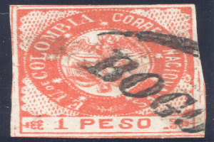 Ein rotes und schwarzes Stempelabbild mit dem Wort "Kolumbien" auf einem schwarzen Hintergrund.