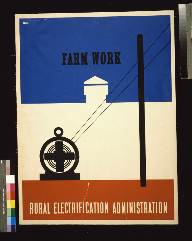 Plakat mit fetter schwarzer Schrift "Landwirtschaftliche Arbeit Elektrizitätsverwaltung" auf weißem Hintergrund, eingerahmt von einem schmalen schwarzen Rand, mit einer Grafik eines Bauernhofs mit einem Traktor und einem Bauernhof im Hintergrund.
