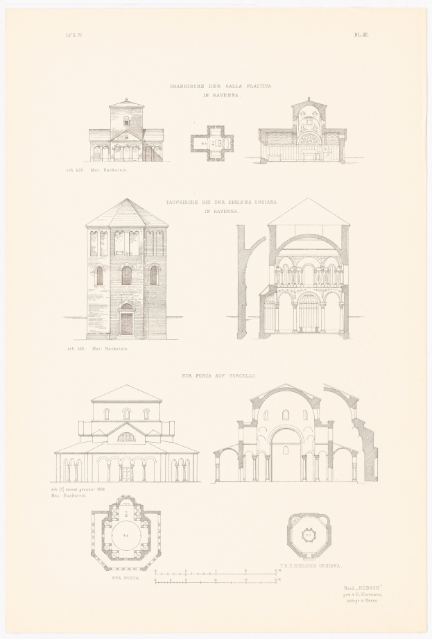 Eine Seite aus einem Buch mit detaillierten Illustrationen verschiedener Gebäude mit einzigartigen Architekturstilen, begleitet von beschreibendem Text über ihre Geschichte.