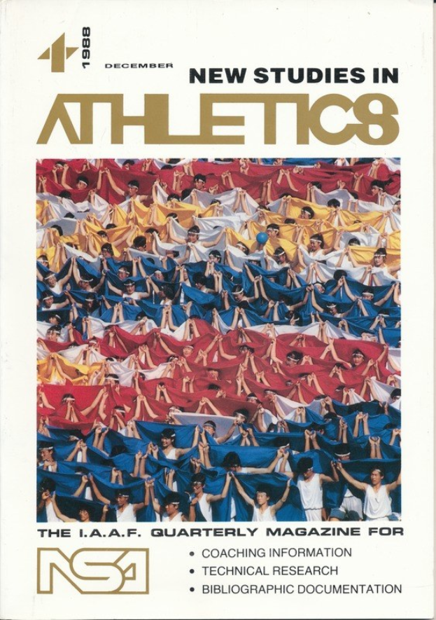 Buchumschlag mit der Aufschrift "Neue Studien im Leichtathletik 1988", der eine Gruppe von Menschen in Sportkleidung während eines Trainings zeigt, vor einem hellblauen Himmel mit weißen Wolken und fernen Bäumen.