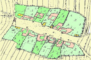 Detailierter Stadtplan mit Straßen, Gebäuden und anderen Merkmalen.