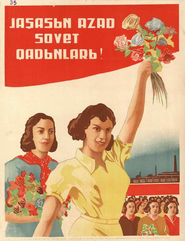 Sowjetisches Propagandaplakat zum Frauentag, das eine Frau mit Blumen zeigt, umgeben von Menschen und einem Gebäude, mit der Aufschrift "Frauentag."