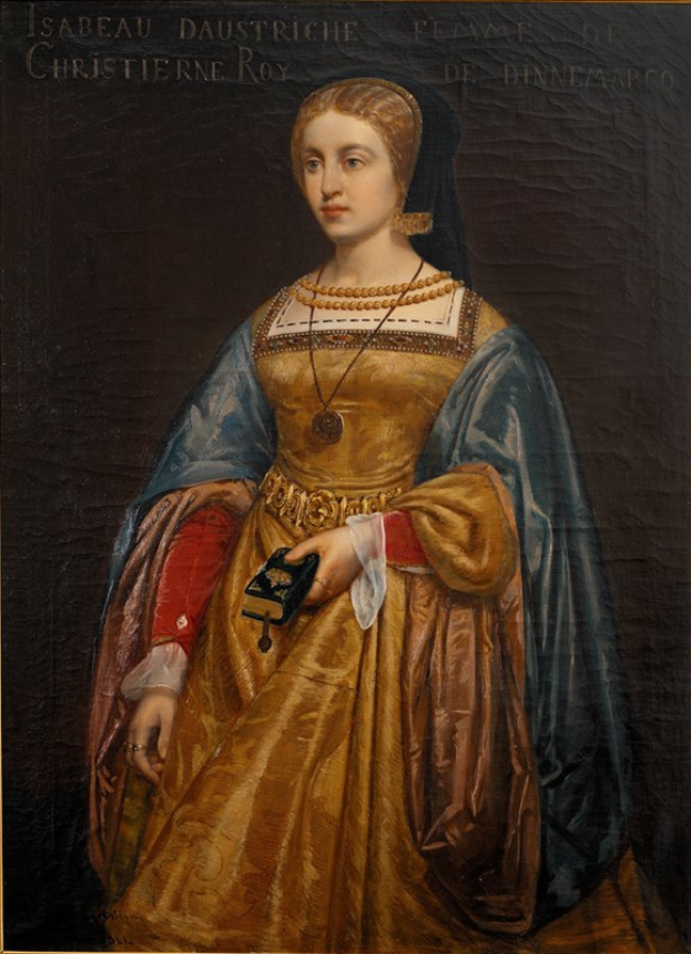 Gemälde von Isabella daustriche in einem goldenen Kleid mit feinen Details, Haar zu einem Dutt gebunden, majestätisch mit einem friedlichen Ausdruck, von Christierne Roy.