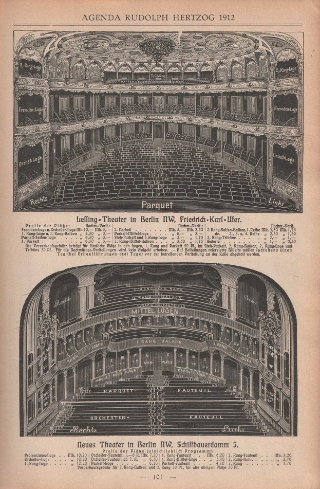 Ein altes Buch mit einer Zeichnung eines großen Auditoriums in Berlin, Deutschland aus dem Jahr 1912, begleitet von Texten zur Beschreibung des Theaters.