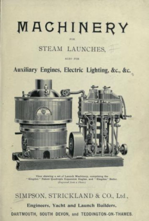 Ein altes Buch mit einer detaillierten Abbildung einer Dampfmaschine, beschriftet mit "Maschinen für Dampfschiffe, auch für Hilfsmaschinen, Elektrobeleuchtung & C".
