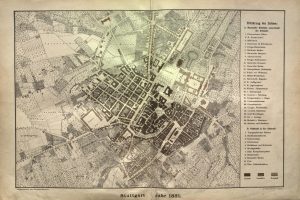 Ein altes Stadtplan von Stuttgart, Deutschland aus dem Jahr 1881, zeigt detaillierte Straßen und Text.