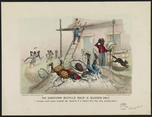 Plakat zeigt chaotische Szene aus "The Darktown Bicycle Race - Ein plötzlicher Halt", mit Radfahrern im Stillstand, Zuschauern auf Leitern, Fässern und einem Gebäude im Hintergrund.