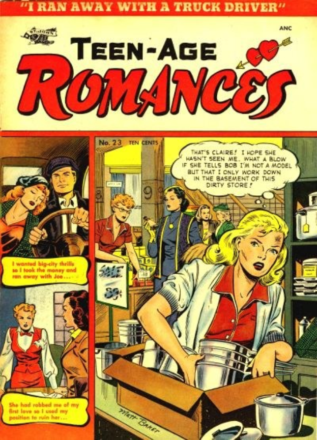 Ein farbenfroher DC-Comics-Plakat titled 'Teen-Age Romances 23-A' featuring a group of people in a joyful, romantic embrace with bold text and bright colors.