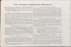 Ein offenes Buch mit dem Titel "Die gegenwärtige Industrielle Situation" auf einem schwarzen Hintergrund.