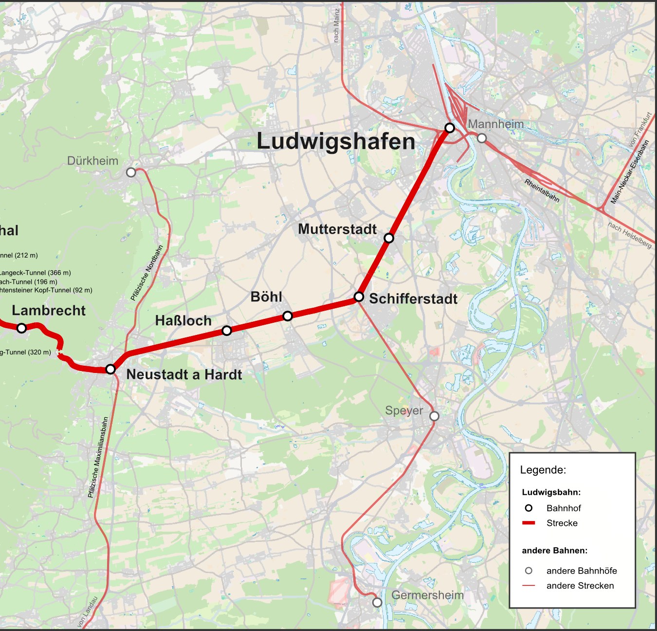 Karte von Ludwigshafen, Deutschland, mit einer roten Linie, die die Bahnroute markiert, und Text, der Details wie Länge, Entfernung und Sehenswürdigkeiten bereitstellt.